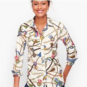 Talbots Long Sleeve Button Front Links & Ribbons Equestrian Cotton Shirt XS